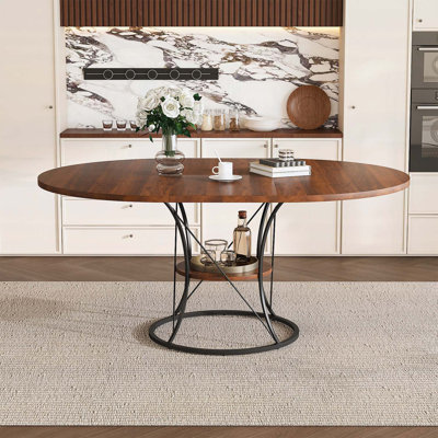 Expandable Round Dining Table with Storage Shelf and Metal Base,Ideal for 4-6 People