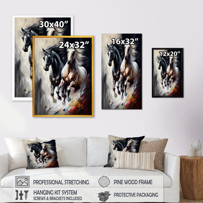 Deux chevaux qui courent I - cheval, art mural, H 40 po x l 30 po, Toile tendue