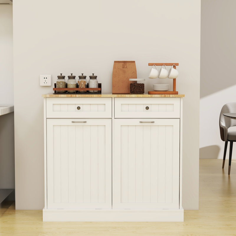 Kitchen Trash Bin Cabinet - White With Two Drawers, Compartments, Enhanced Interior Two - , Functional Design