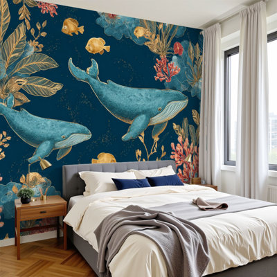 Papier peint à peler et coller aquarelle baleines murales de corail coloré sous le soleil doux H 100 po x l 144 po papier mural amovible en PVC autocollant pour le salon de la chambre bureau à domicile