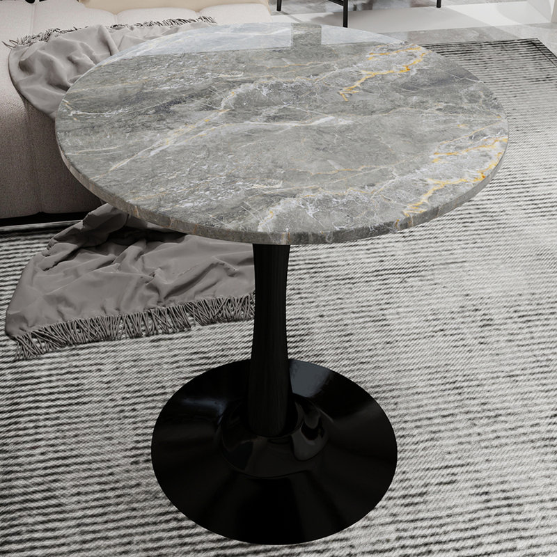 Marble-Top Round Side Table with Tapered Pedestal Base, Ideal for Living Room, Modern Minimalist Design, Dark Gray, Black