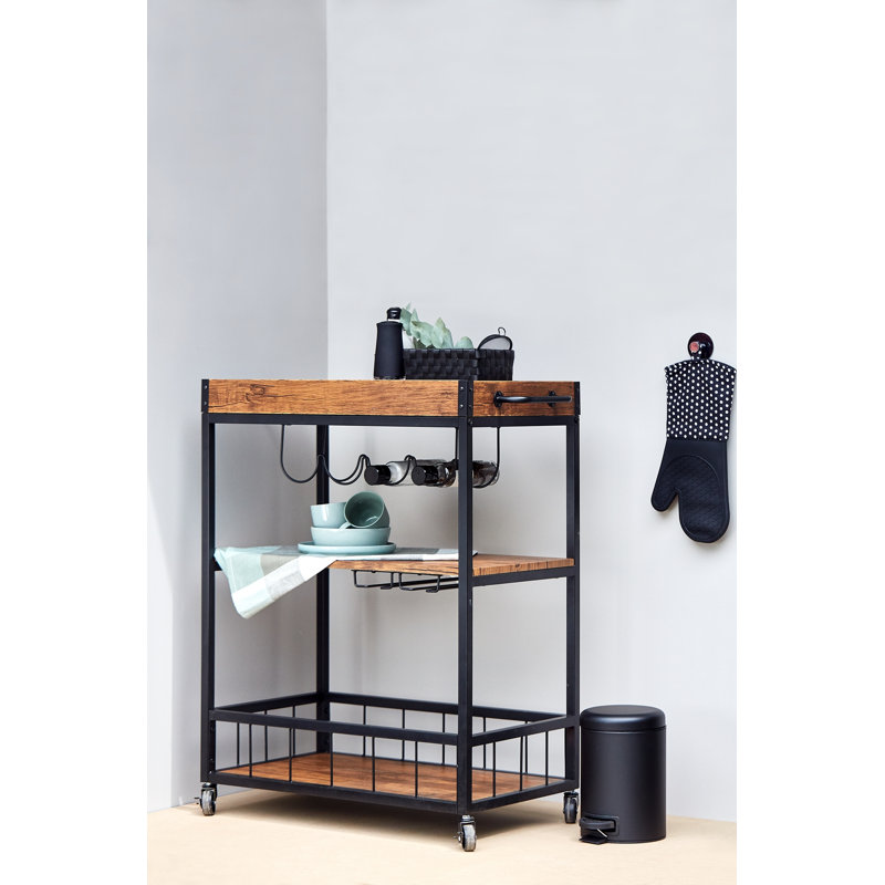 Metal Bar Cart, Black/Walnut