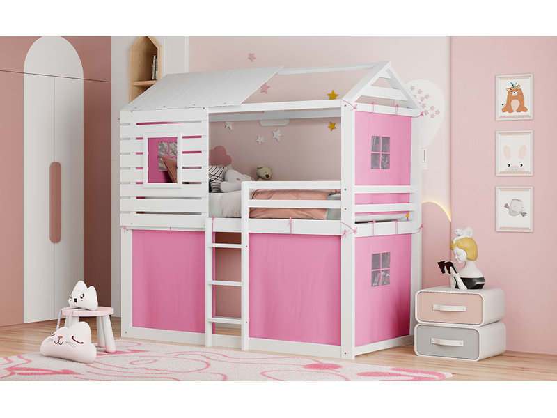 Lit superposé en bois avec tente, Rose/Blanc