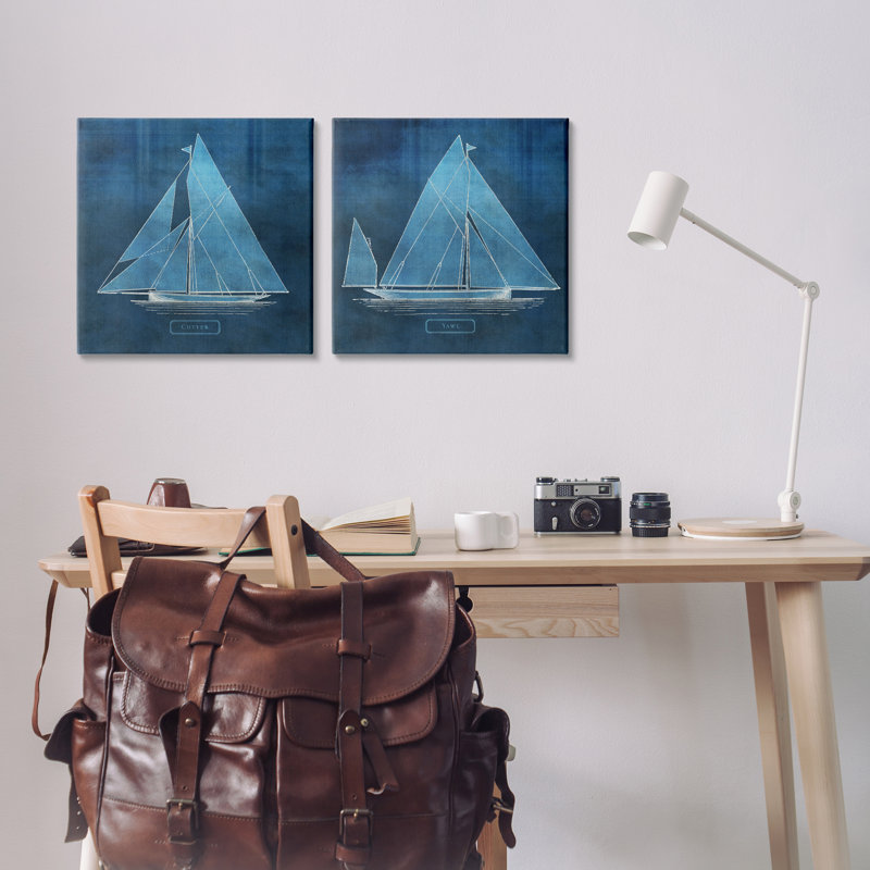 Ensemble d'art mural en toile 2 pièces, voilier nautique, conception par Susan Arnot, H 17 po x l 17 po