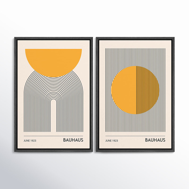 Mid Century Modern Boho Bauhaus Solar Sun Abstract Art Decor Framed On Canvas 2 Pieces Print, 24" H x 32" W x 1.5" D, Black
