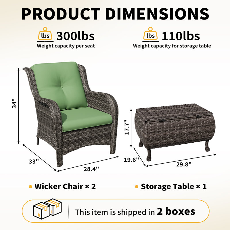 3-Piece All-Weather Wicker Patio Conversation Set With Cushions & Ottoman, Green