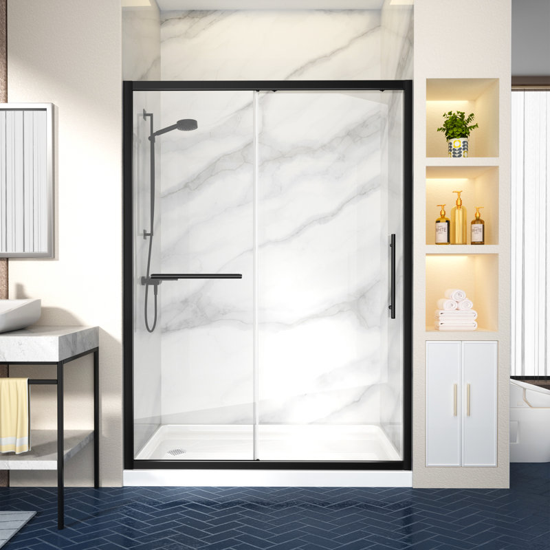 59.6-60 in. W Adjustable x 72 in. H Shower Door. 1/4" (6mm) GlassShield Coating Technology Tempered Glass. Matte Black Anodized Framed Shower Door. Alcove Installation