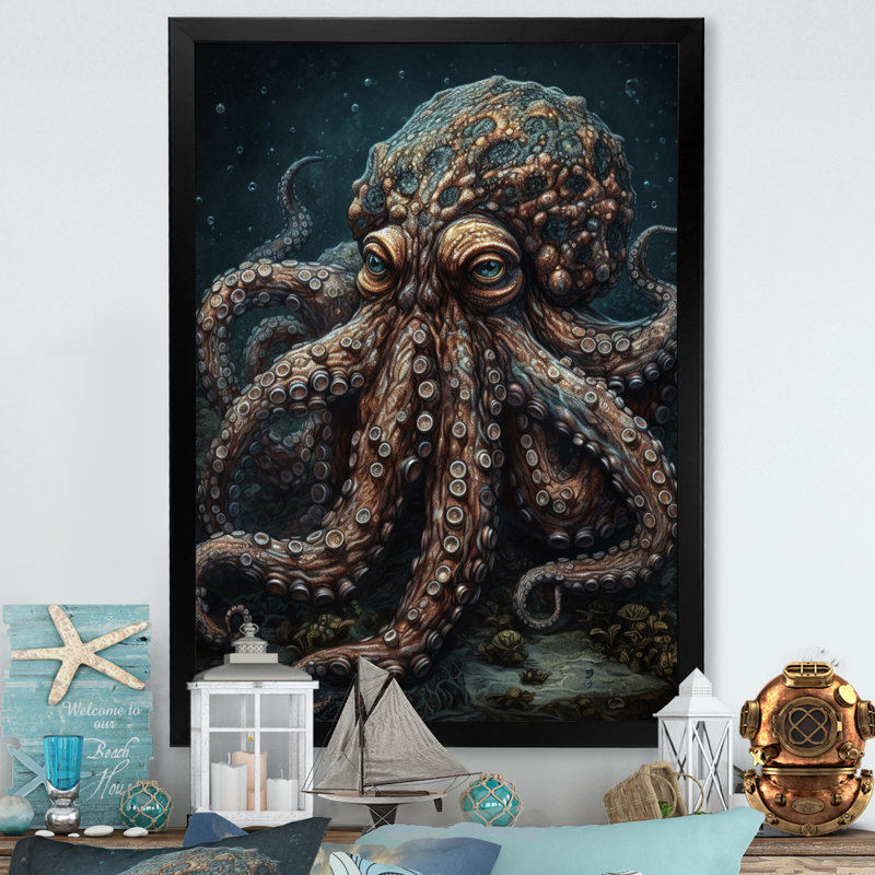«Brown Octopus Under The Sea - Octopus», reproduction d'art sur toile encadrée, Cadre photo noir, H 32 po x l 24 po