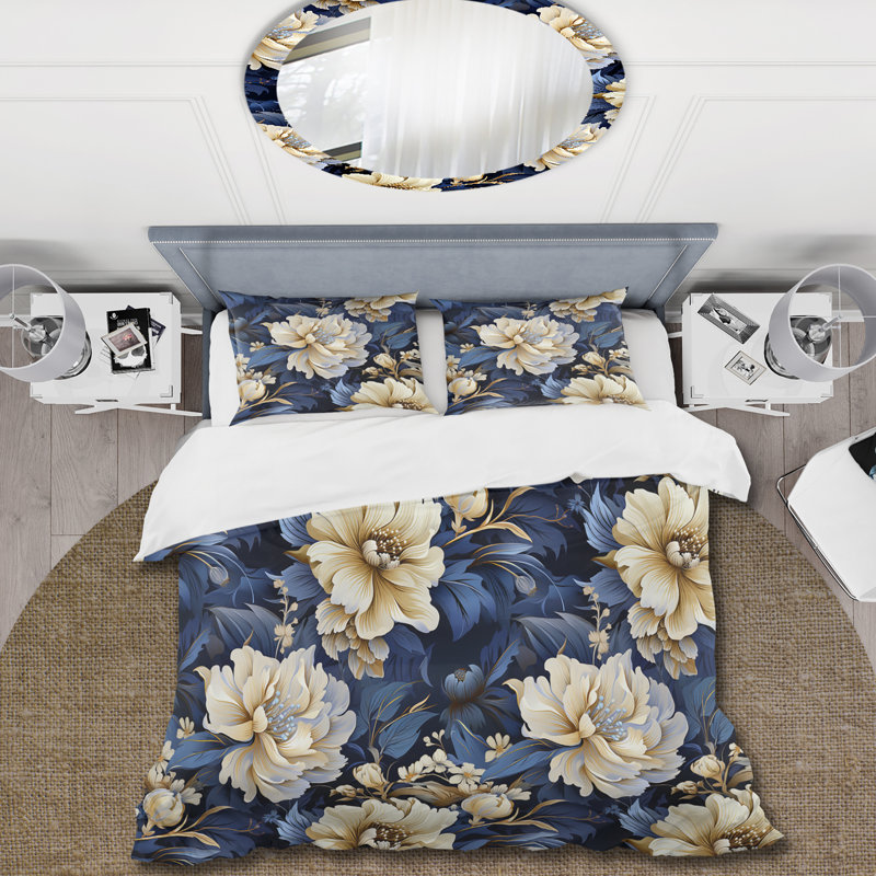 Literie de marguerites bleu foncé et blanches, Housse de couette simple + 1 taie décorative stan