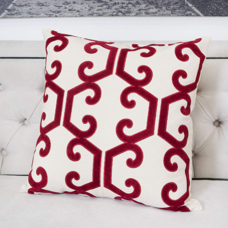  Applique Cotton Geometric Throw Pillow, Red