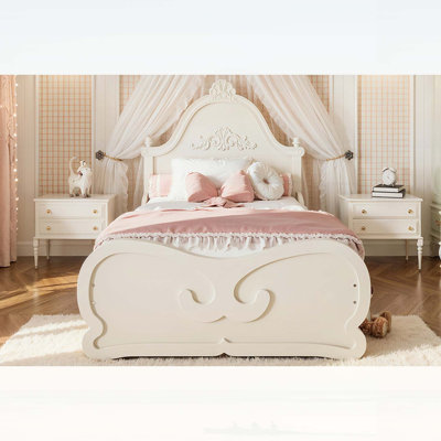 Lit plateforme simple sculpté avec tête de lit simple, structure en bois, support à lattes, profil bas pour enfants et adolescents, aucun sommier tapissier requis, beige