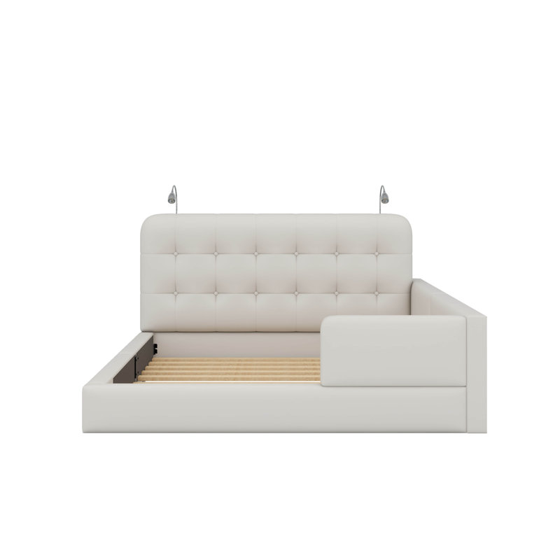 Grand lit plateforme tapissier avec 2 lumières, Blanc
