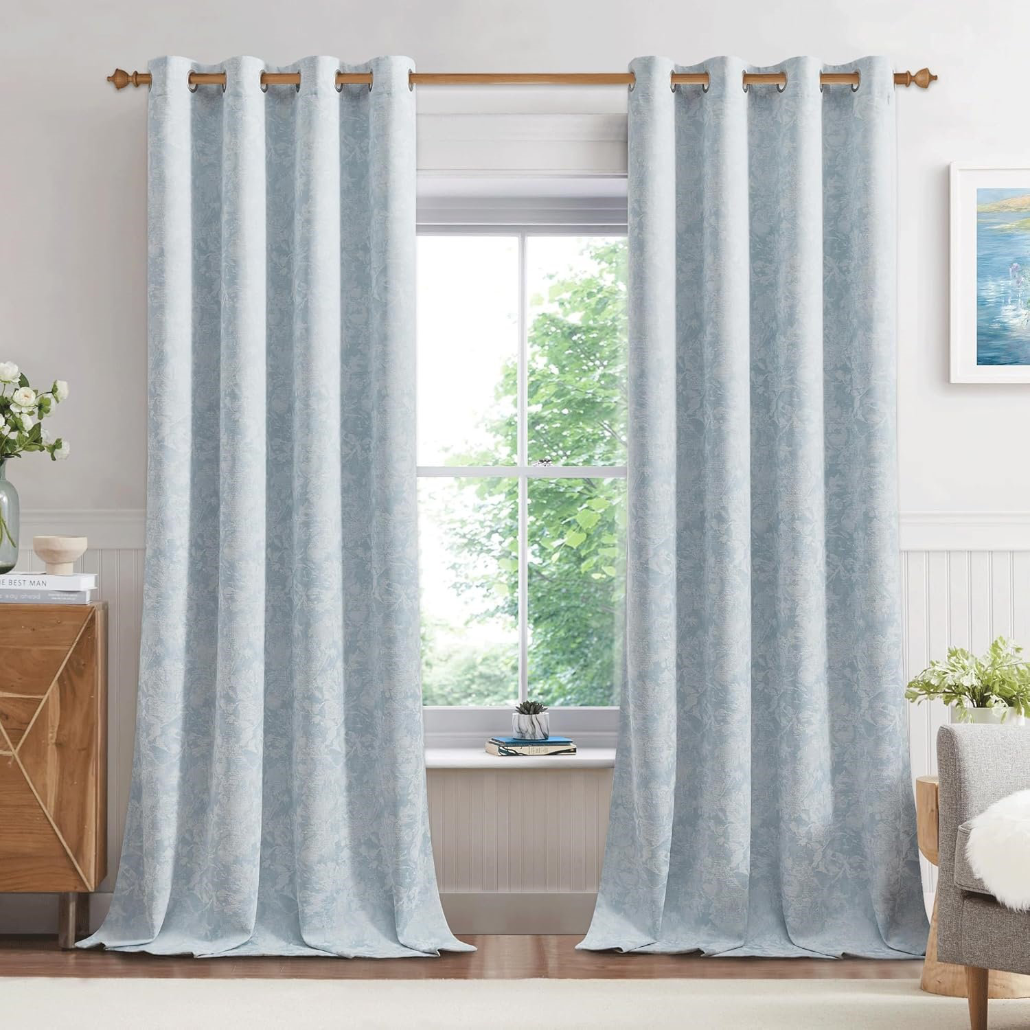 Everly Quinn Blue Floral Jacquard Blackout Curtains 2 Panels For ...