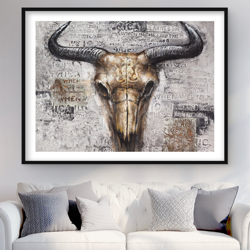 Crâne de taureau avec typographie - animaux de la ferme gris, reproduction encadrée