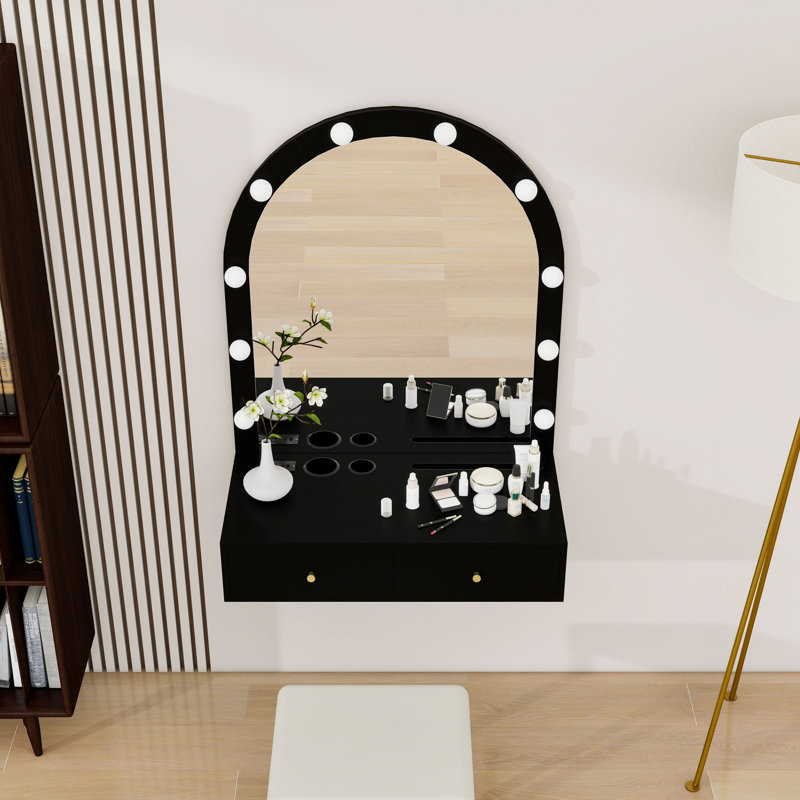 Floating Makeup Vanity Desk with Mirror, Power Outlet and Storage Drawers, Black