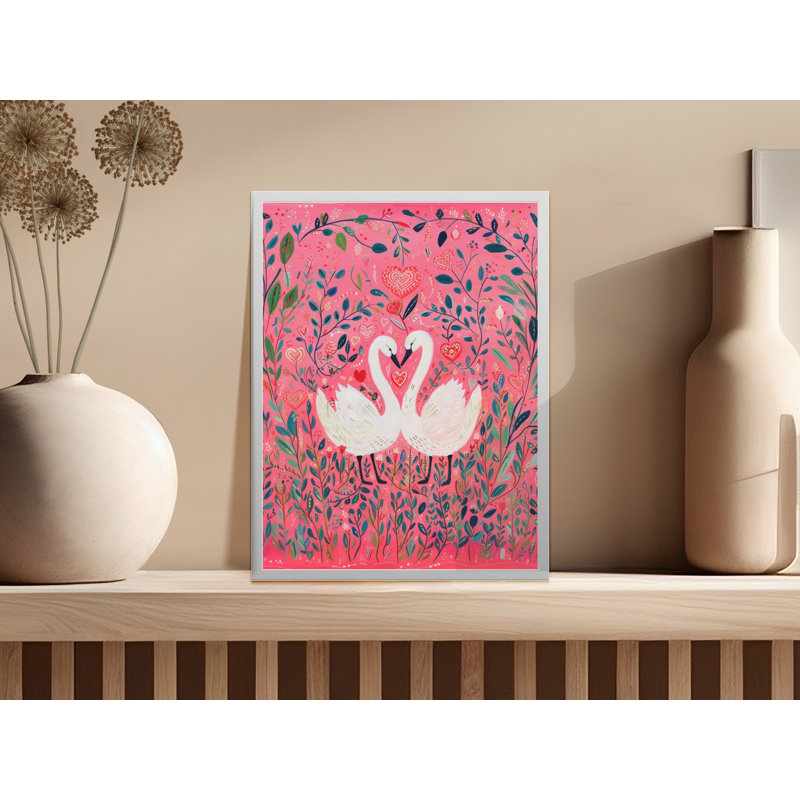 Swan Heart Wall Art, Love Birds Print, Pink Floral Art, Romantic Home Decor, Framed Art, Available in Sizes