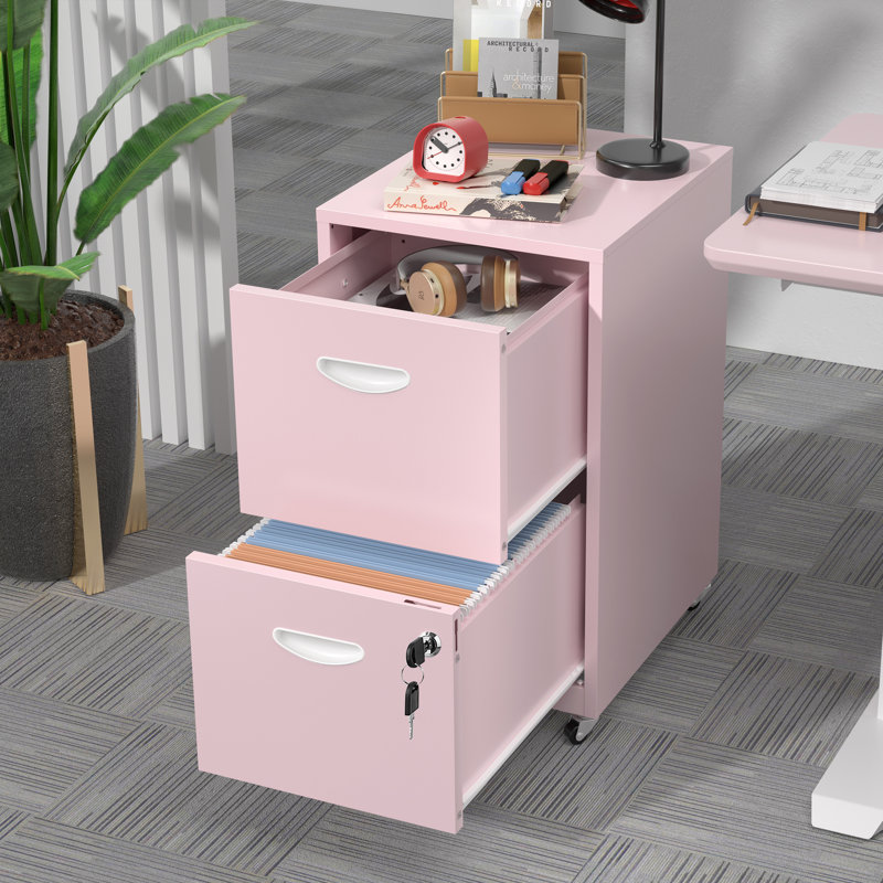 2 Drawer Rolling File Cabinet on Wheels, Pink Mobile Two Drawer Filing Cabinet with Lock, Small Files Cabinets for Under Desk, Metal Filing Cabinets for Letter Size Folders
