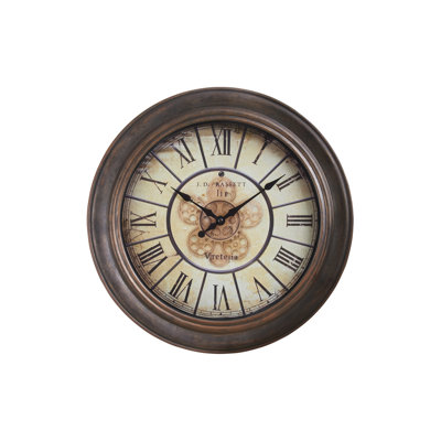 15" Round Wall Clock in Antique Brown with Tempered Glass Face and Transitional Design