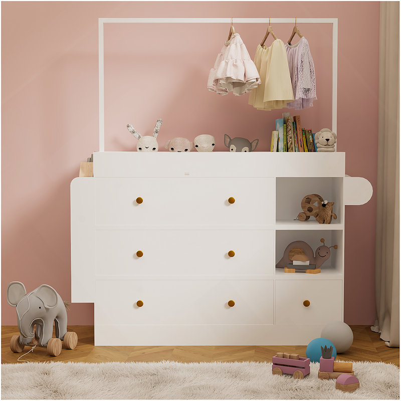 Commode avec tiroirs, tablettes ouvertes de rangement