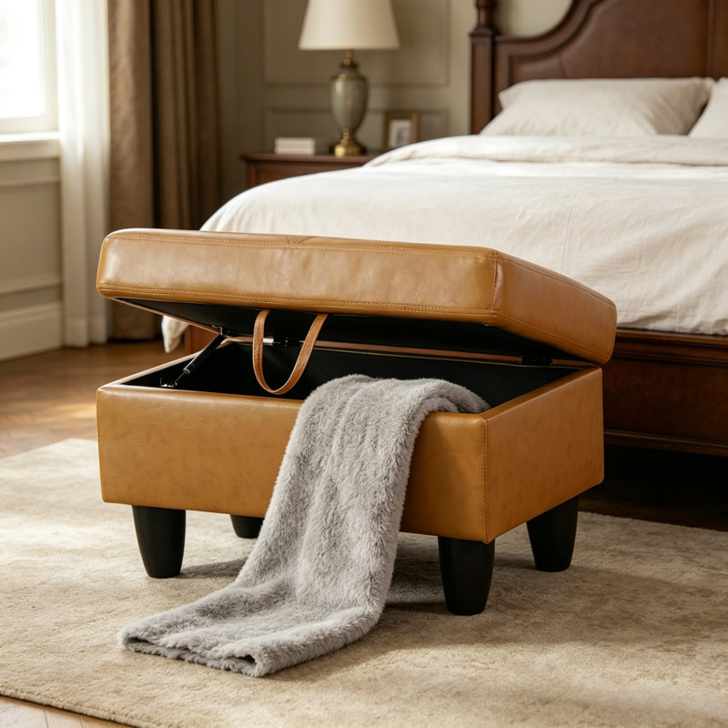 Rectangular Storage Ottoman Bench with Hydraulic Soft Close Lid, Faux Leather Footrest Stool for Entryway, Living Room & Bedroom,Ginger  , 28.5" x 19" x 17.5"