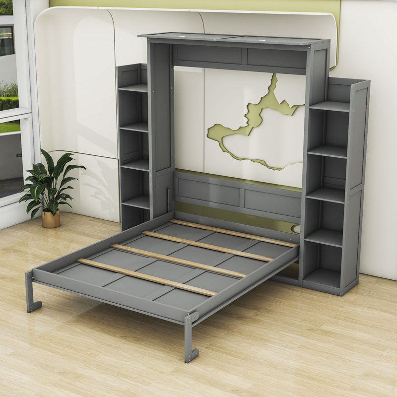 Rashem Wood Murphy Bed with Shelves and LED Lights, Gray, Queen