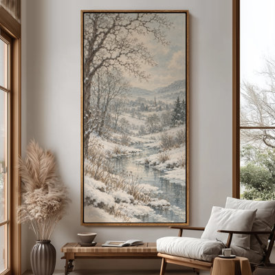 Extra Large Snowy Winter Creek Village Landscape Framed Canvas Print Wall Art