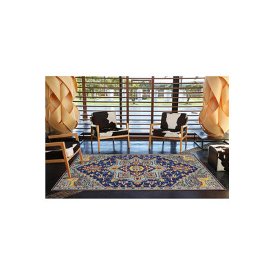 Navy Themed Multicolor Traditional Motif Patterned Vintage Decorative Rug