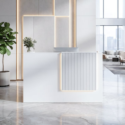 Bureau de réception blanc l 63 po avec bande de lumière DEL intégrée, prises de courant intégrées et tiroir verrouillable