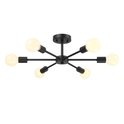 Plafonnier semi-encastré Sputnik noir mat à 6 lumières de 54,6 cm (21,5 po) avec culot E26