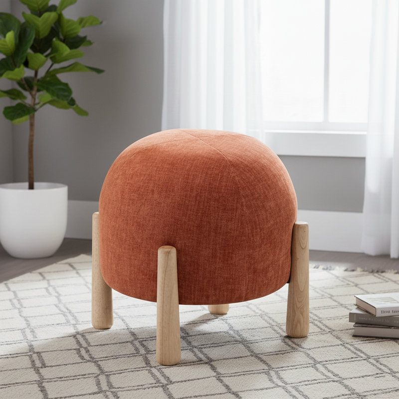 Modern Upholstered Ottoman With Wooden Legs, Round Footrest Stool For Living Room, Bedroom, Entryway, Orange