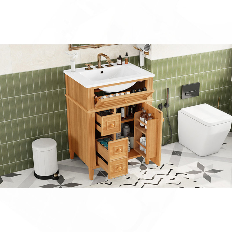Meuble-lavabo 24 po avec lavabo, meuble-lavabo en bois avec tiroir rabattable, 2 tiroirs à fermeture en douceur, 1 porte à fermeture en douceur, bois massif et panneau de fibres à densité moyenne, poignées en bois élégantes