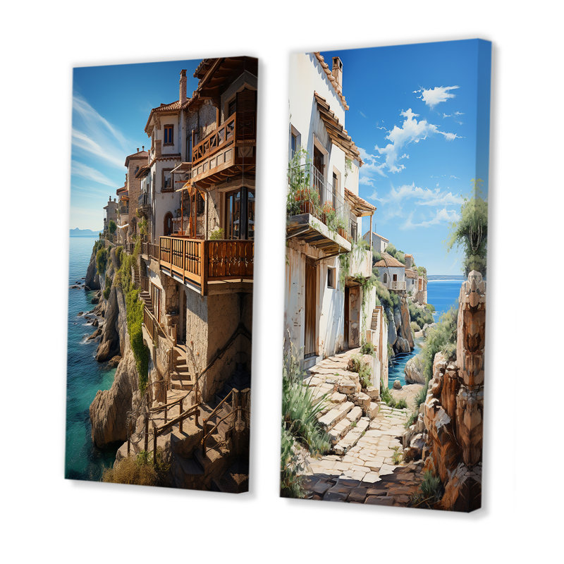 «Espagne Azure Coastline Village», 2 pièces, H 24 po x l 20 po, Toile tendue