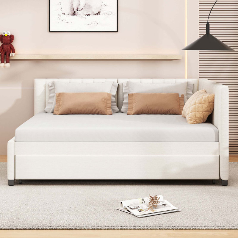 Upholstered Daybed with Trundle Sofa Bed Frame No Box Spring Needed, Linen Fabric, Beige, Full/Double