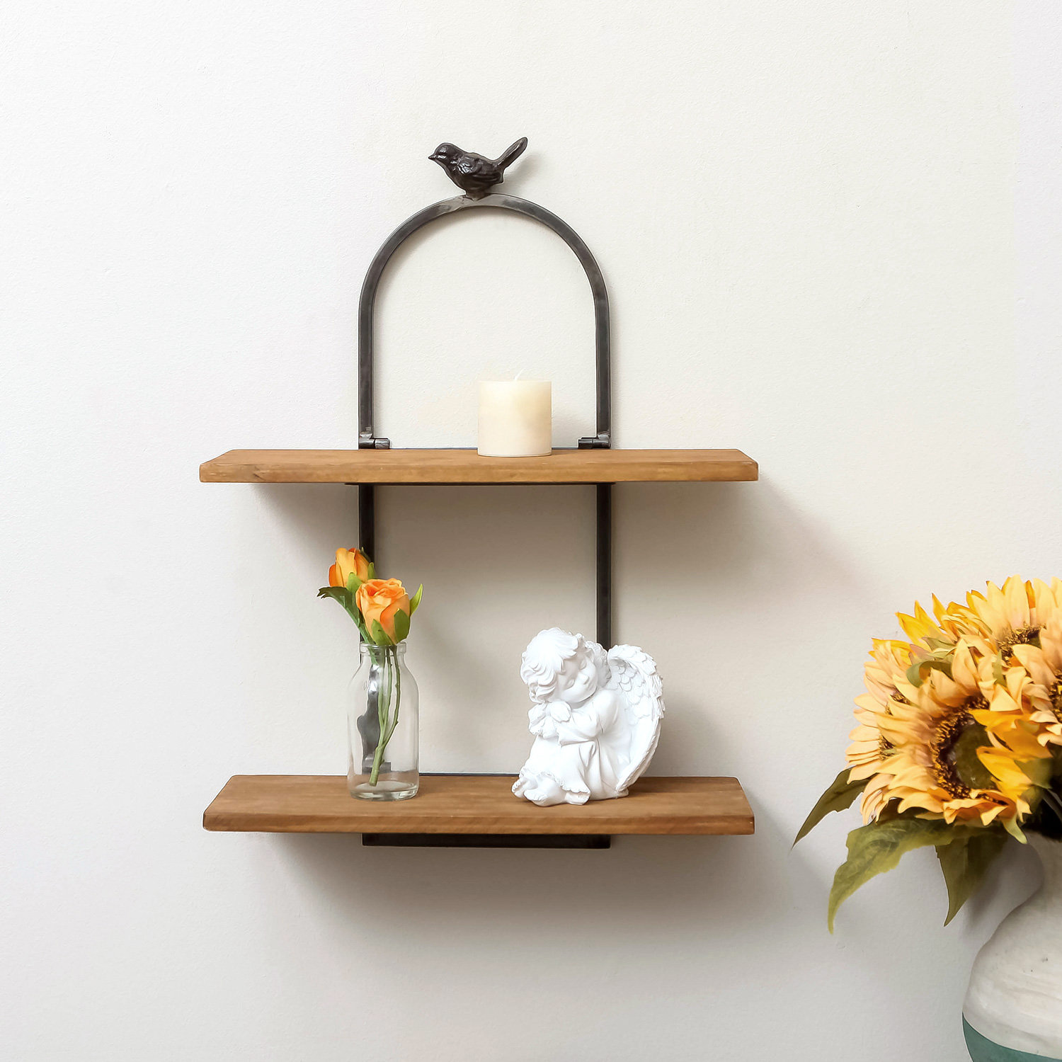 17 Stories 2-Tier Bird Metal & Wood Wall Accent Shelf | Wayfair
