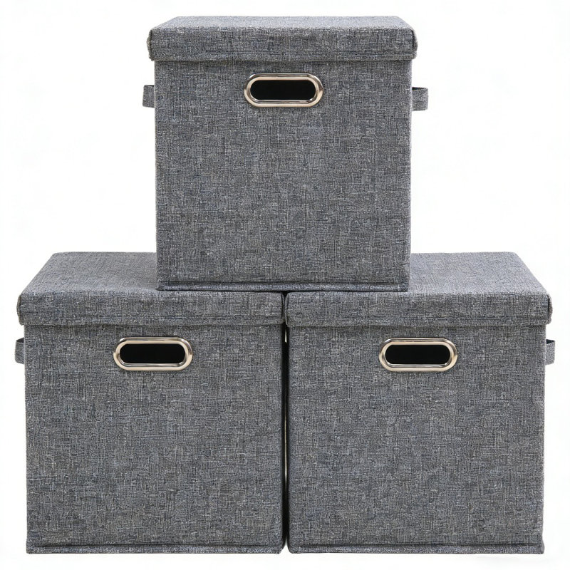 Foldable Fabric Cube Storage Box with Lid, Stackable and Sturdy, Gray