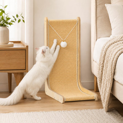 Grattoir à griffes en L en forme de L avec boules, grande planche à gratter verticale pour chats d'intérieur
