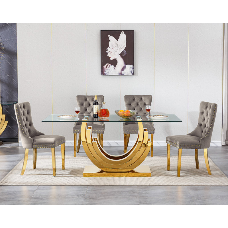 Modern Glass Dining Table Set, Clear Glass Dining Table with Stainless Steel Pedestal & Dining Chairs, 70" Rectangle Dining Room Table and Chairs Set, Luxury Kitchen Table Set