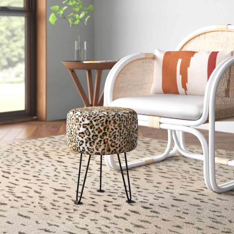 33cm Wide Round Animal Print Standard Ottoman, Brown Faux Fur