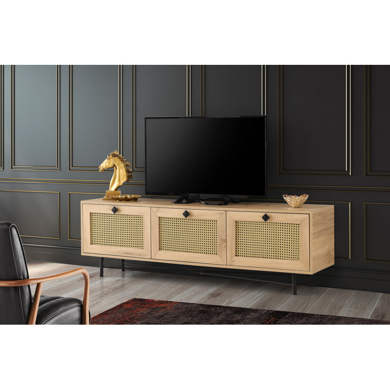 Meuble télé élégant avec option de fixation murale, 71,0 x 23,6 x 15,7 pouces | 100% panneau de particules enduit de mélamine, épaisseur: 0,7 pouce | Chêne rustique et noir, plusieurs tablettes, parfaites pour les décors bohémiens et industriels