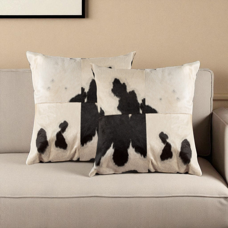 Two 18 inch Cowhide Throw Pillows by Trio Supply House, Black/White Animal Print, Square 17.71"