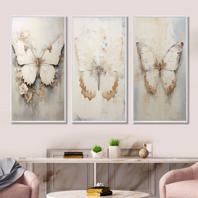 3 Pieces on Canvas - Minimalism Beige Butterfly