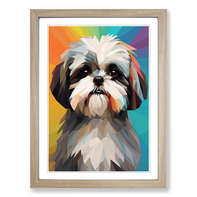 Shih Tzu Geometric No.2 - Single Picture Frame Print on Wood, 34cm H x 25cm W x 2cm D, Oak