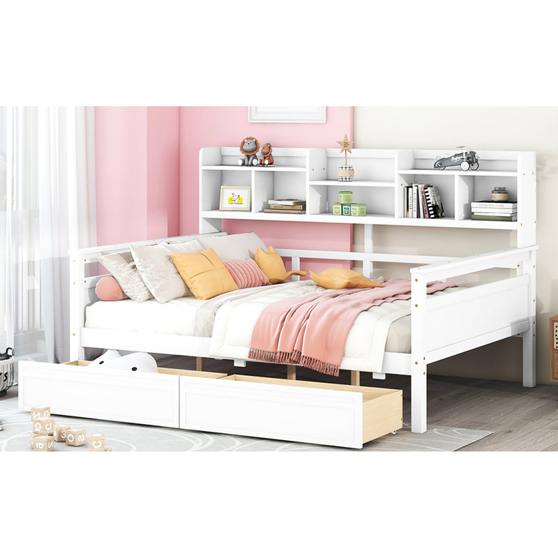 White Full - Size Daybed With Wood Slats, Bedside Shelf, And Two Drawers, Practical For A Vacation Home Attractive Use, Full