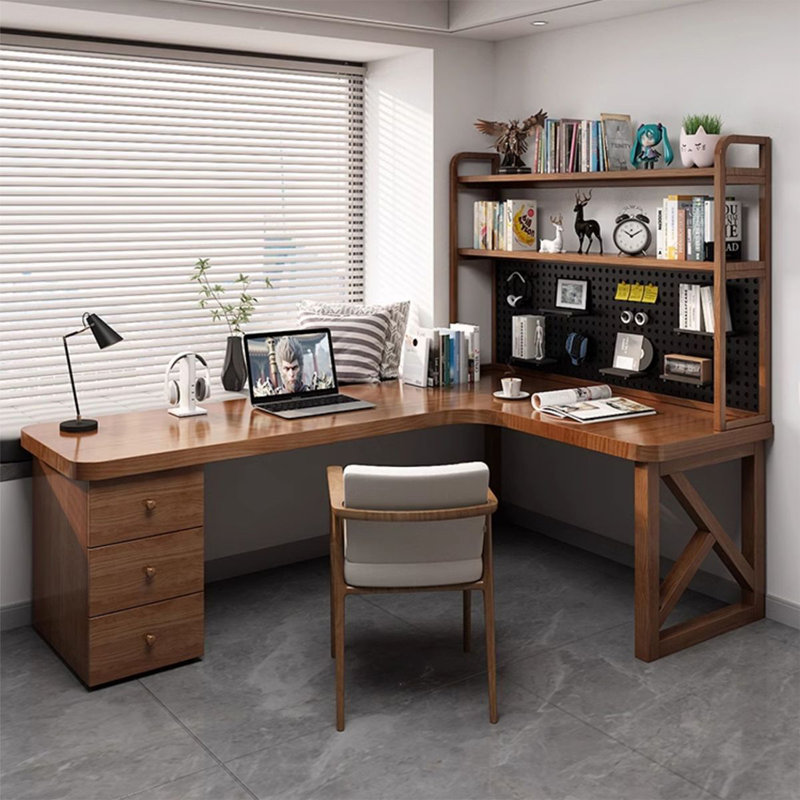 Bureau de direction en L en noyer massif avec tiroirs, Oui, H 29,53 po x l 70,87 po x P 47,24 po