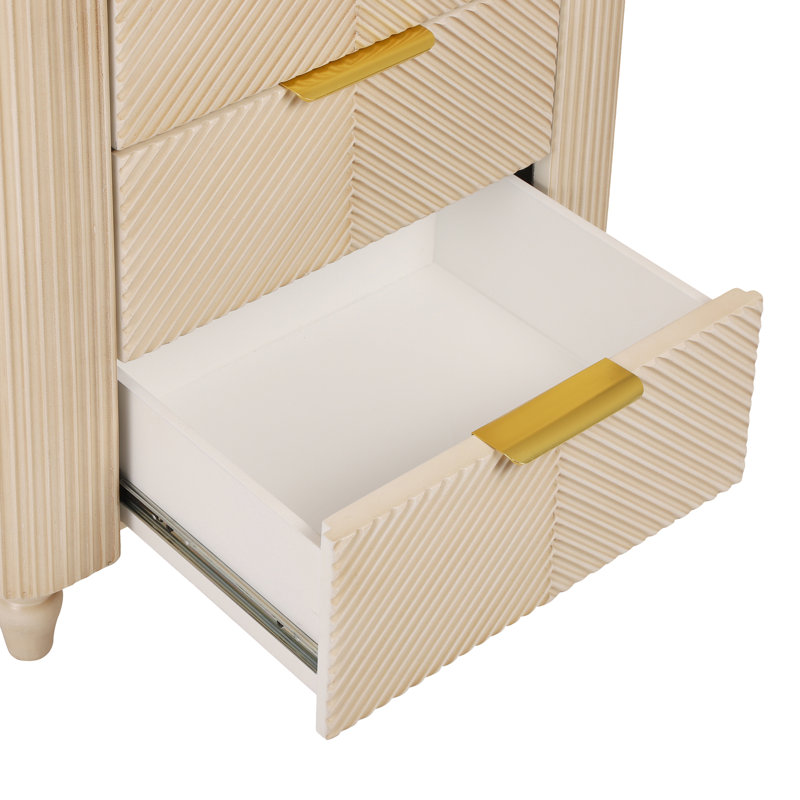 Emerson Fluted Wooden Nightstand With 3 Drawers & Gold Handles, Champagne