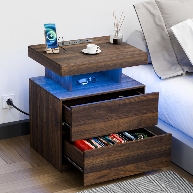 Brenard Manufactured Wood Nightstand with Wireless Charging Station, LED Light and 2 Drawers, Walnut