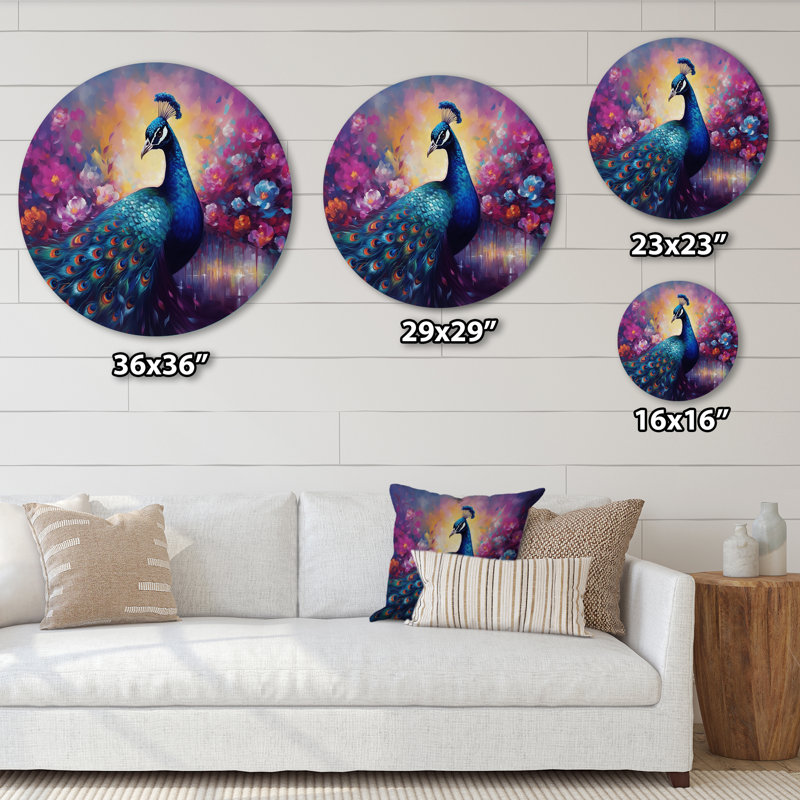 Vibrant paon II - animaux, art rond en métal, H 29 po x l 29 po