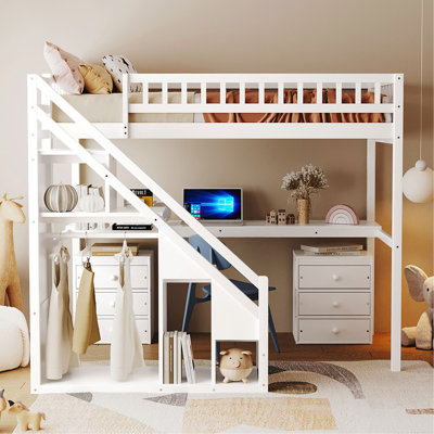 Lit mezzanine simple avec deux commodes, bureau et bande lumineuse, blanc