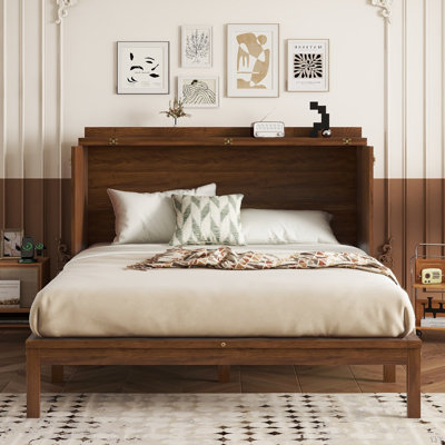 Murphy Bed, Pine Wood Cabinet Bed with Power Station and Rattan Decoration Panel