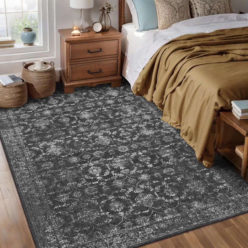Vintage Boho Area Rug - Washable Non Slip Low Pile Rug, Rectangle 5' x 7', Black